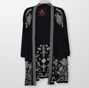 Johnny Was Black Cotton Embroidered Kimono Duster Sz S